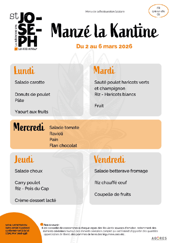 Menu du 2 au 6 mars 2026
Menu du 2 au 6 mars 2026